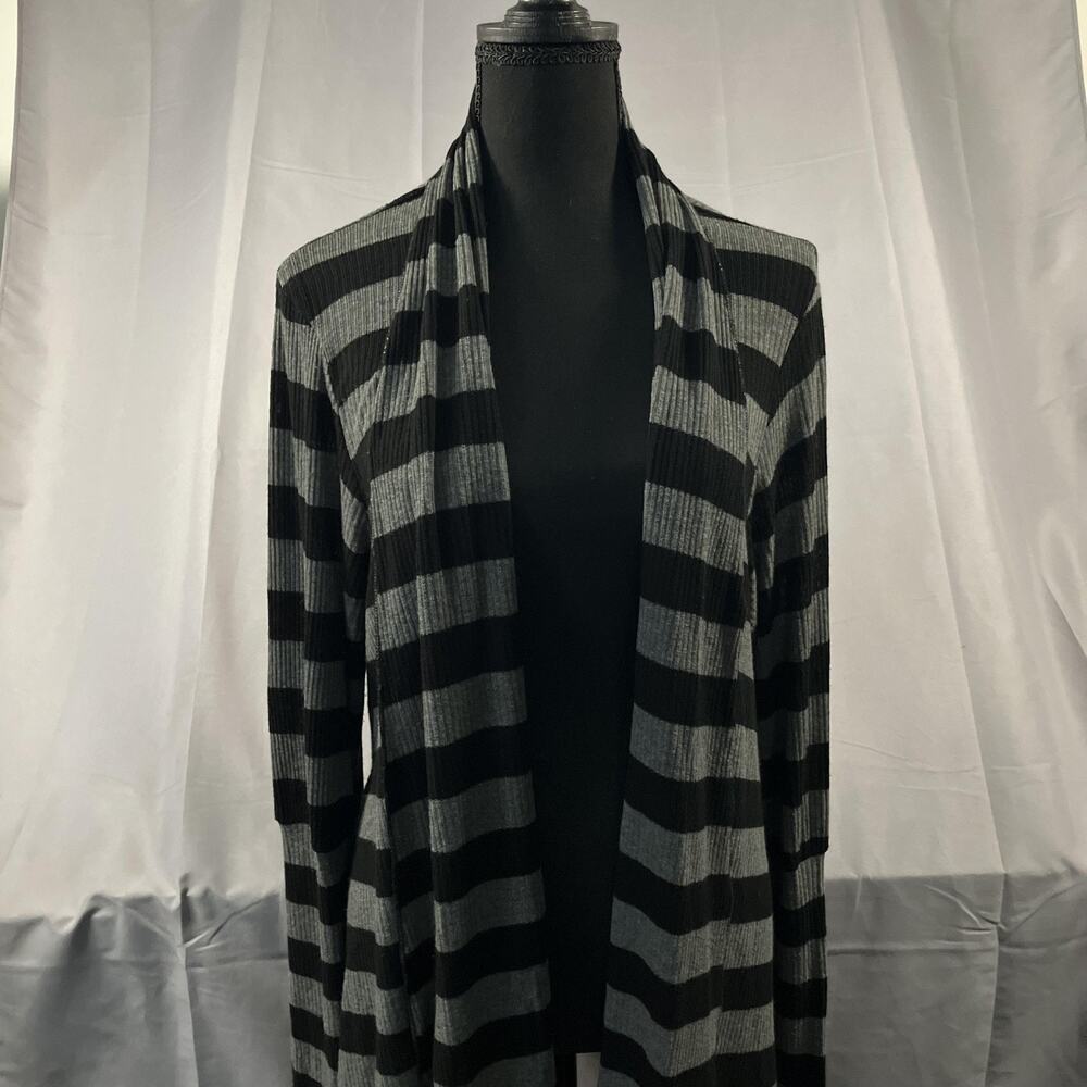 Matty M Cardigan Womens Large Black Gray Striped Open Front Sweater Made USA
